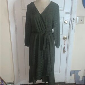 BloomChic Dark Olive Green Long Sleeve Wrap Midi Dress